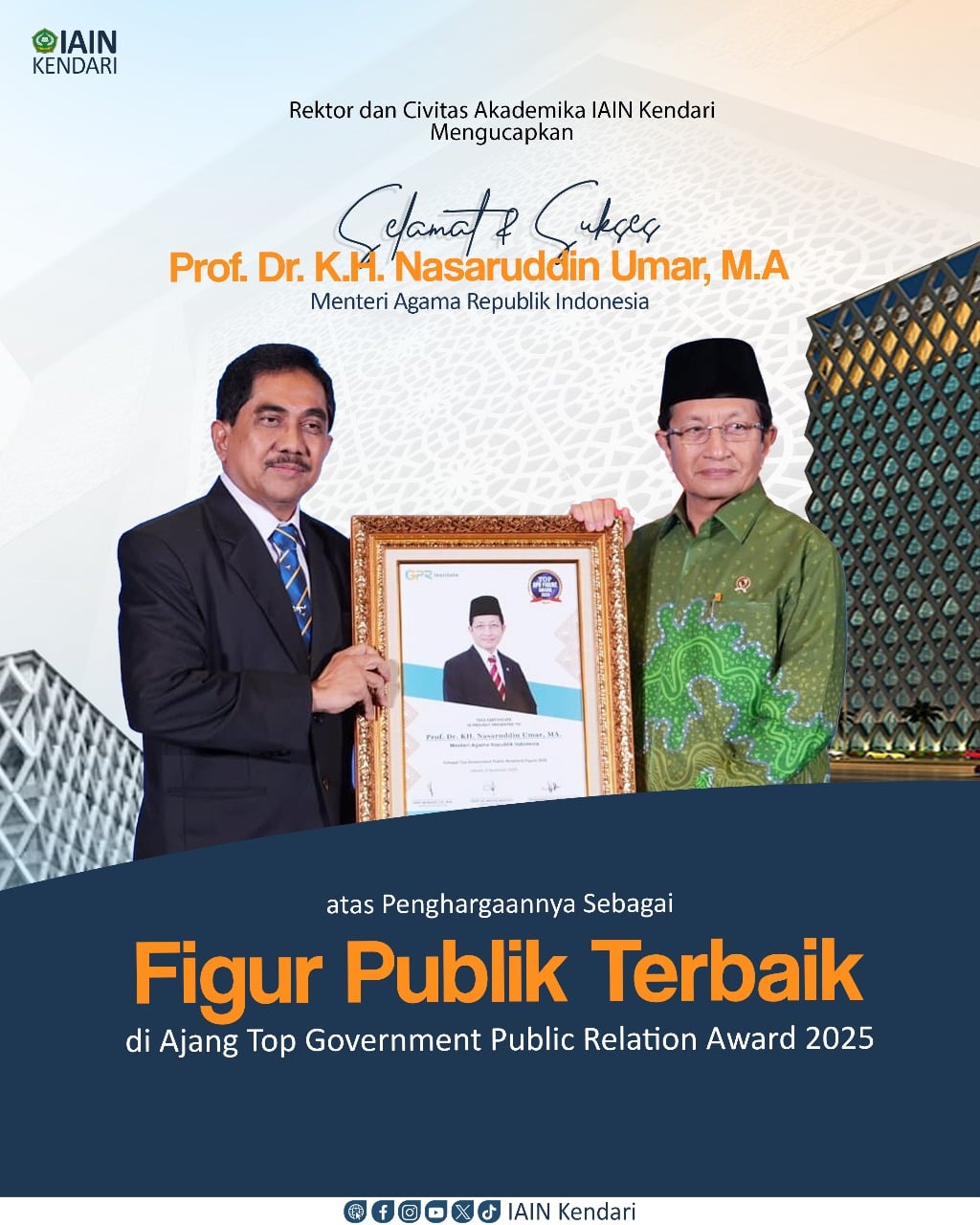 Menag Terima Penghargaan Figur Publik Terbaik di Ajang Top Government Public Relation Award 2025
