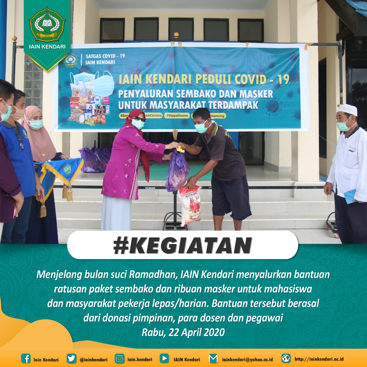 Jelang Ramadhan, IAIN Kendari Salurkan Ratusan Paket Sembako dan Ribuan Masker untuk Mahasiswa dan Masyarakat