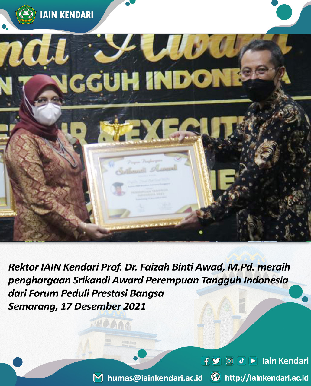 Rektor IAIN Kendari Terima Penghargaan Srikandi Award – Perempuan Tangguh Indonesia 2021